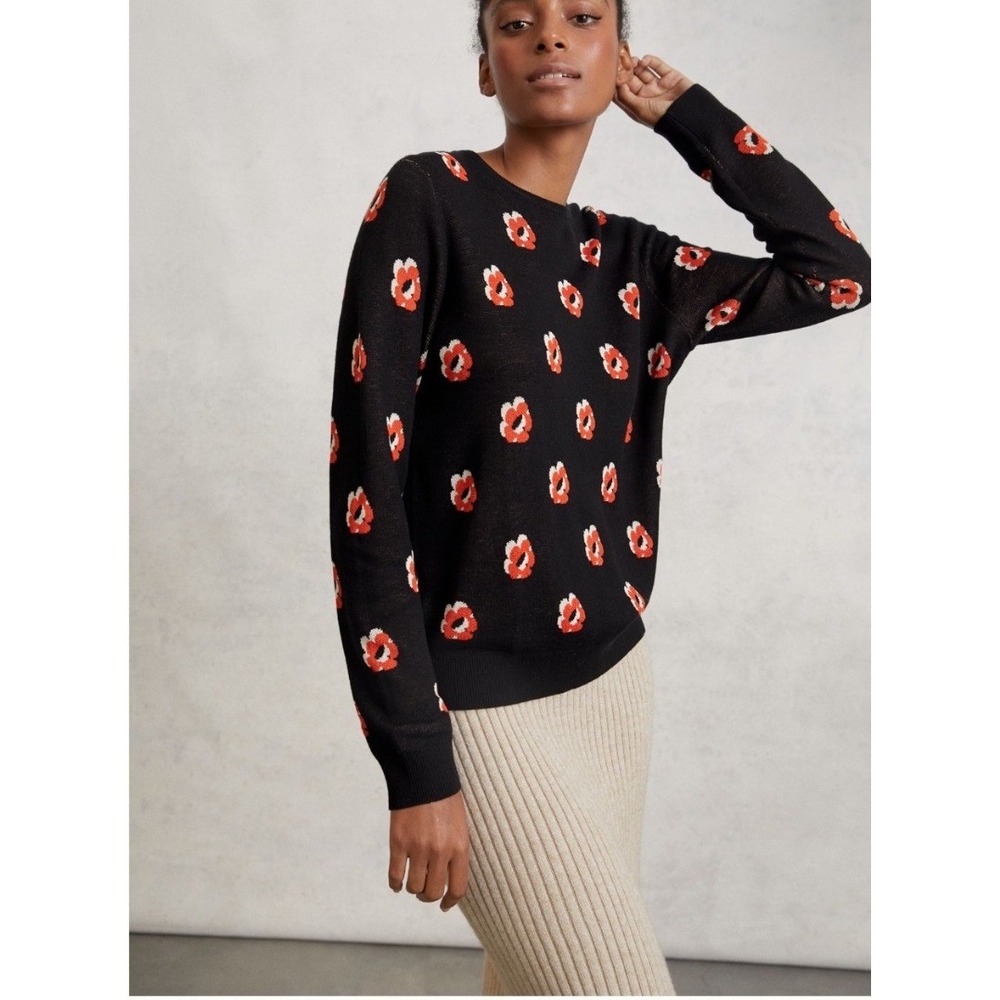 Anthro Kule Leith Sweater Black Red Poppy Floral Silk Wool Blend Pullover M